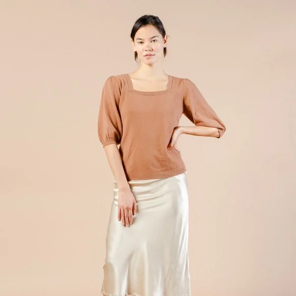 Puff Sleeve Cashmere Sweater w Silk Bow, Square Neck Knit, Silk Bow Tie Back - Picture 4 of 12